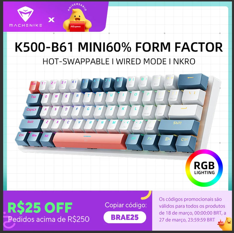 Machenike K500-B61 Mini teclado mecânico 60% RGB