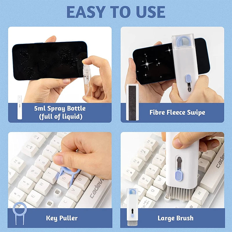 Kit de limpeza de teclado 7 em 1, limpador de airpods, caneta limpadora de fone de ouvido, caneta de limpeza de tela de laptop, kit de limpeza de fones de ouvido Bluetooth.